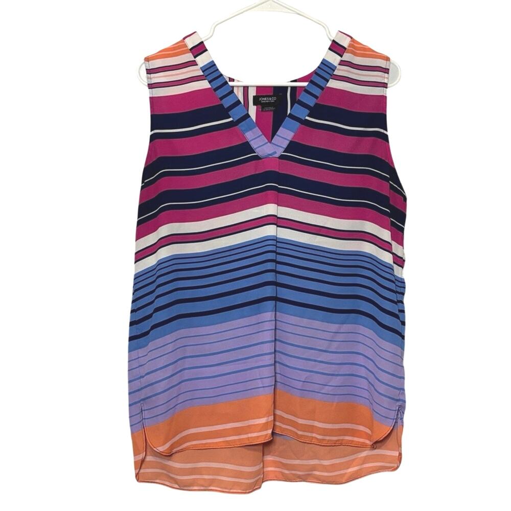 Jones New York Striped Sleeveless Blouse Multicolor V Neck Layered Hem Size L